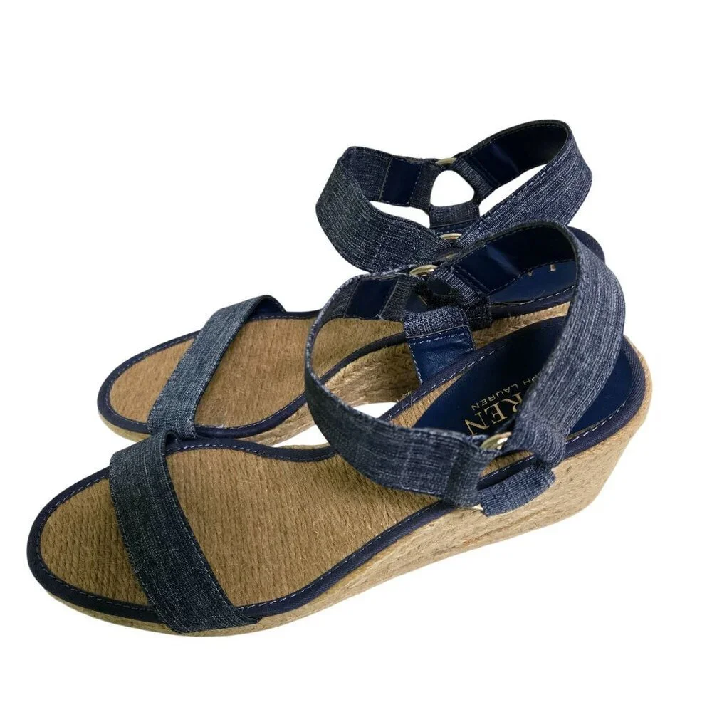 Lauren Ralph Lauren Ilene Denim Espardrille Wedge Sandals Size 7.5B